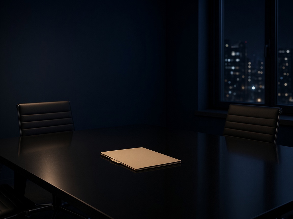 An empty meeting table at night with one folder in the middle — bring a single process.