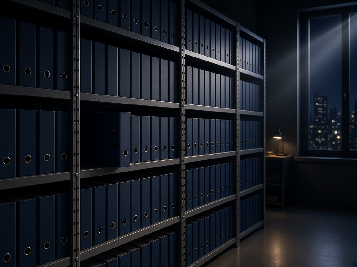 A quiet wall of binders at night — the organisation’s memory, not another model.