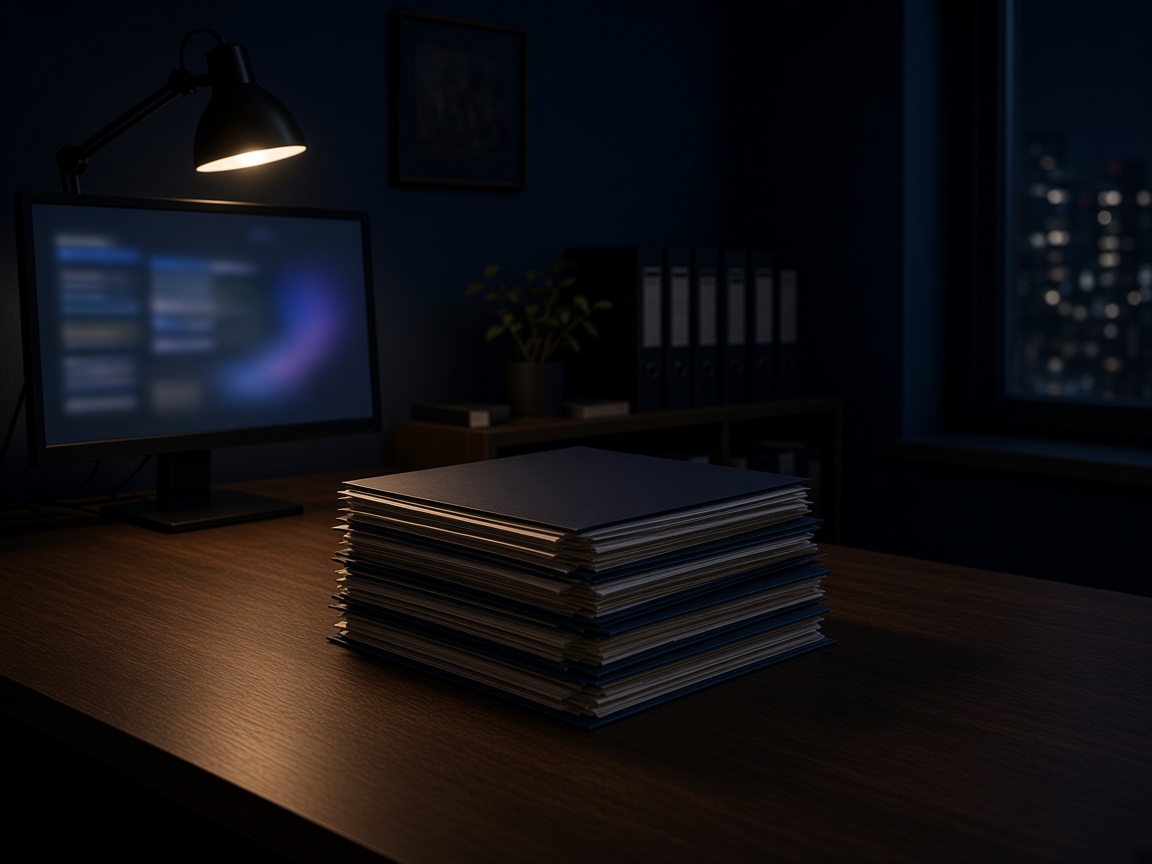 A navy office at night: one process folder pulled forward on a desk of documents.