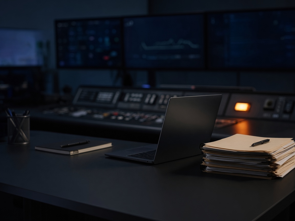 An empty operations room at night — monitoring screens still on after the build.