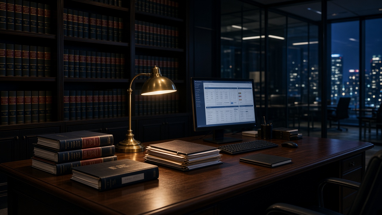 A large chartered-accountancy practice at night: client files, tax volumes, and a practice system on screen — stand-in for this engagement, client not named.